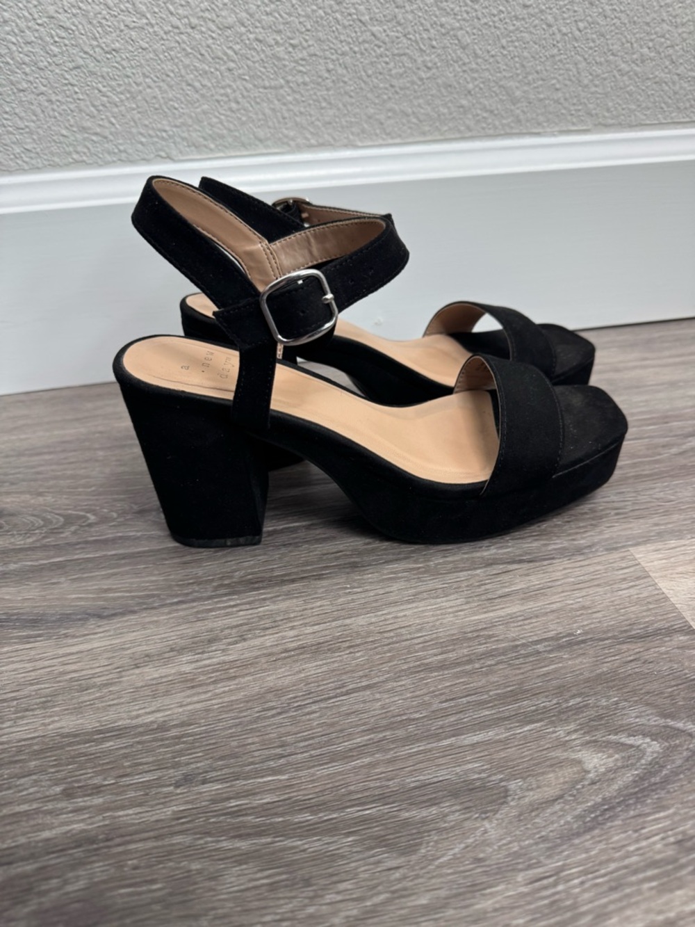 a new day Black Suede Block Heel Sandals with Ankle Buckle